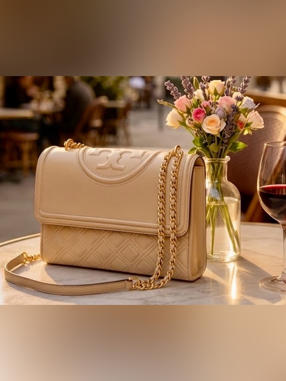 Authentic Tory Burch Medium Fleming Convertible Shoulder Bag - Beige Leather